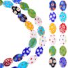 PONABEADIY 1 Box 32PCS 8MM Lampwork Glass Beads with Hole Millefiori Flower Handmade Flat Oval Colorful Charms Loose Spacer Bead Bulk for Jewelry Making Earrings Bracelets Necklace DIY Crafts Supply