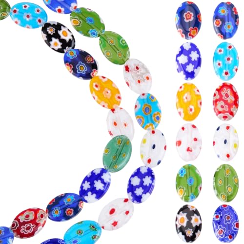 PONABEADIY 1 Box 32PCS 8MM Lampwork Glass Beads with Hole Millefiori Flower Handmade Flat Oval Colorful Charms Loose Spacer Bead Bulk for Jewelry Making Earrings Bracelets Necklace DIY Crafts Supply
