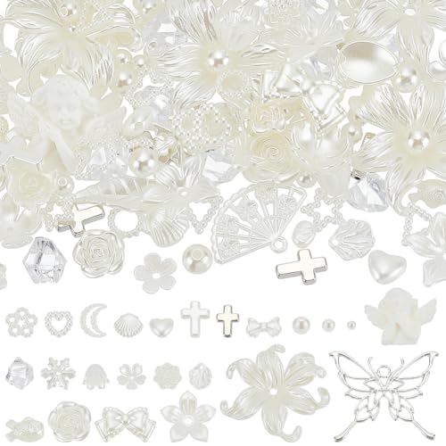 PONABEADIY 1 Box 460pcs Imitation Baroque Pearl Beads Kits Opaque Acrylic Aesthetic Vintage Relief Flower Bow Angel Loose Beads Charms Bulk for Jewelry Making Necklaces Bracelets DIY Craft Supply