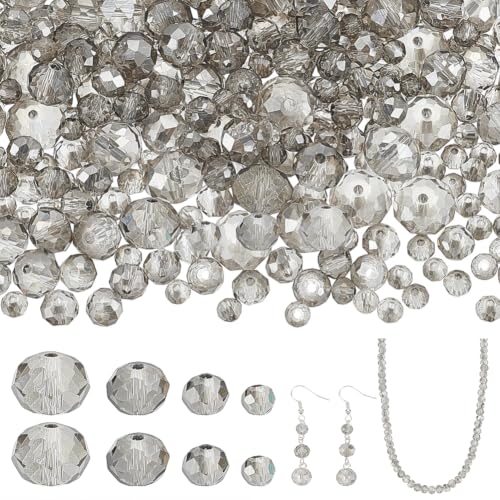 PONABEADIY 1 Box 800pcs 4 Styles Light Grey Electroplate Faceted Glass Beads Transparent Rondelle Clear Crystal Loose Spacer Beads Charm Bulk for Jewelry Making Necklaces Bracelets DIY Craft Supply
