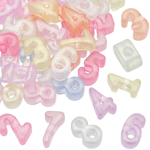 PONABEADIY 50PCS Luminous Number Beads 0-9 Acrylic Large 3D Chunky Numbers Shaped Big Hole Pastel Frosted Colorful Charms Loose Bead Bulk for Jewelry Making Bracelet Keychains Party Decor DIY Crafts