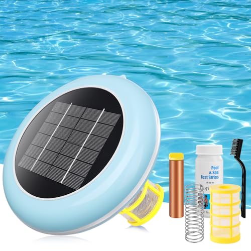 Pool Ionizer Solar Powered,Copper Ionization,Floating Automatic Water Cleaner and Purifier,Up to 65,000 Gal,85% Less Chlorine, Chlorine Free Water,Smart Replacement