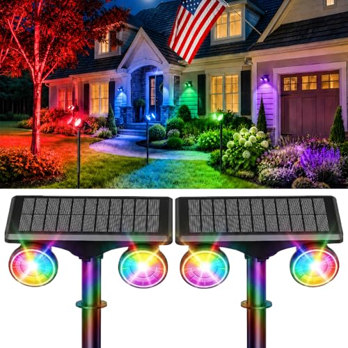 POOWUUDT Dual Head Solar Spot Lights Outdoor Waterproof, 9 Modes RGB Color Changing Solar Tree Spotlight, IP68 Landscape Lighting Solar Uplights for Garden Yard Halloween Christmas Decorations(2pack)