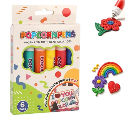 Popcorn Pens 3D Puffy Art Markers, 6 Colors Bubble Drawing (1 Box)