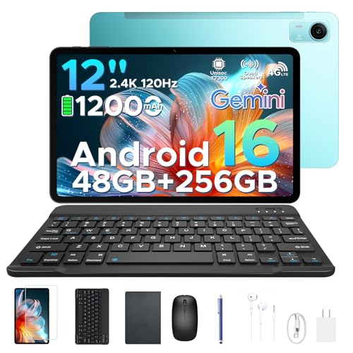 POPUX P12 Pro Android 16 Tablet (2026), 120Hz 2.4K Tablet 12 inch Android with Gemini AI, 48GB+256GB/2TB, Unisoc T7300 Octa-Core, 12000mAh, 13MP+8MP, Widevine L1, Tablet with Sim Card Slot, Pen, Blue