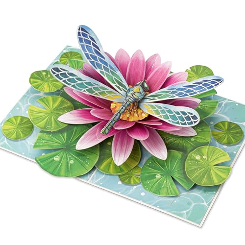 POPWOW Dragonfly Pop Up Cards, Water Lily, Leaf, 3D Greeting Cards, Gift for Birthday, Mothers Day, Valentines Day, Mom, Wife, Girlfriend, Sister, Daughter, 5x7 - Includes Envelope And Message Note