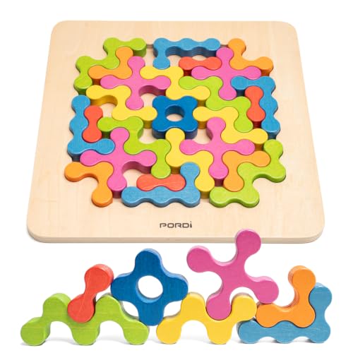 Pordi Wooden Brain Teaser Puzzles for Kids - Montessori STEM Tangram Logic IQ Game, Jigsaw Pattern Blocks Educational Toys, Festival Present for Toddlers Boys Girls Ages 3-6 and Adults (Imagination)