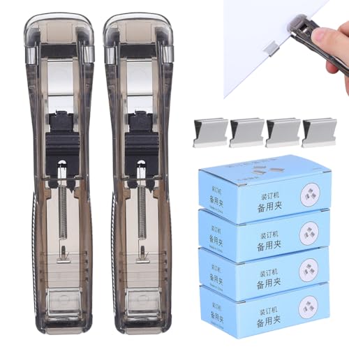 Portable Paper Clam Clip Dispenser 2pcs - Reusable Push Stapler with 200 Refill Clips, No-Hole Binding - Up to 40 Sheet Capacity, Handheld for Document Office School Desk (Black)