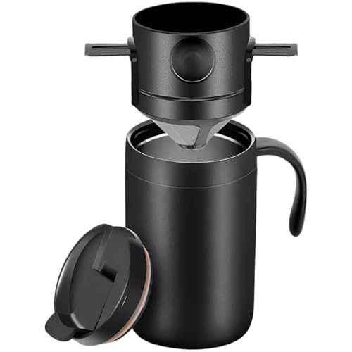 Portable Pour Over Coffee Maker Set, 304 Stainless Steel Insulated Travel Mug with Reusable Dripper and Spoon, Easy to Clean, Keeps Hot and Cold Beverages, for Camping, Office and Home Use