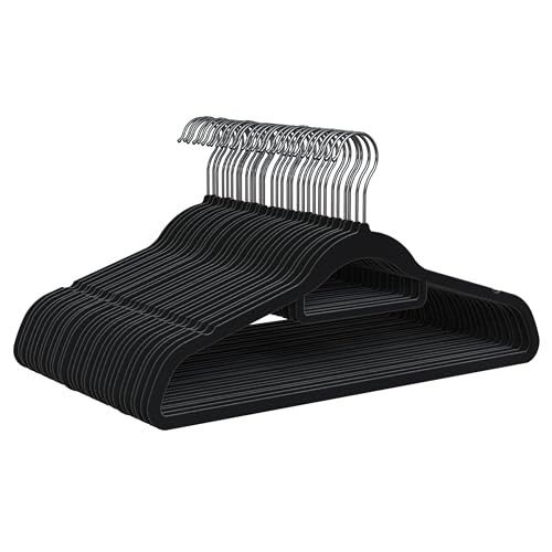 PORTENTUM Velvet Hangers, Pack of 30, Black. Accessory Holder, 360º Swivel Hook, Space Saving, Notches for Dresses, Non-slip Clothes Hangers, For all Types of Clothes, Made in Spain