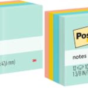 Post-it Notes, 1 3/8 in x 1 7/8 in, 12 Sticky Note Pads, 100 Sheets per Pad, Beachside Café Collection, School Supplies and Office Products (Pack of 2)