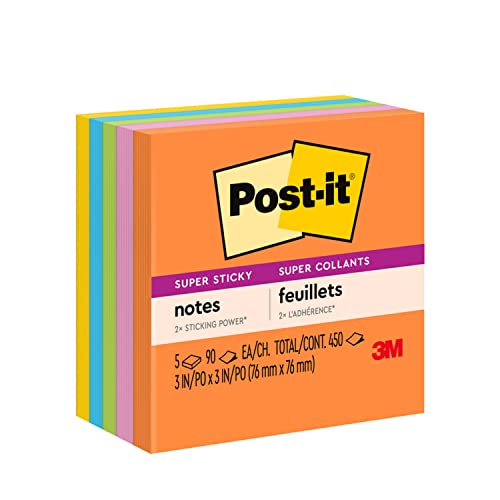 Post-it Super Sticky Notes, 5 Sticky Note Pads, 3 x 3 in., School Supplies for Students, Ideal for Textbooks, Notebooks, Walls and Vertical Surfaces, Energy Boost Collection