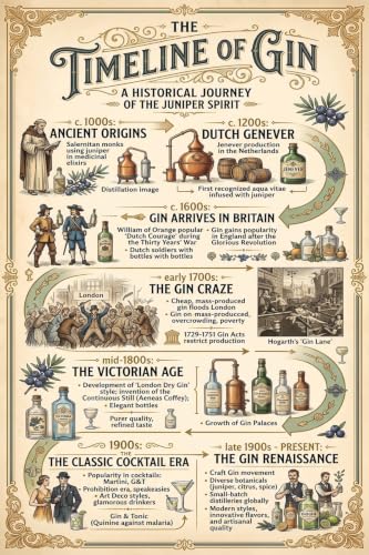 Poster The Timeline of Gin Historical Journey of the Juniper Spirit from Medicinal Elixir to Modern Craft Spirits Bar Decor 16" X 24" Image Size Repro on Canvas Shipped Rolled Up