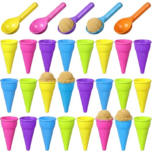 Potchen 60 Pcs Plastic Ice Cream Cones and Scoop Set Outdoor Beach Toys Kids Sand Mold Set Summer Sandbox Ice Cream Mold for Sensory Bin Outdoor Play Backyard Seaside Activities Party (Light Color)