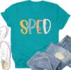 Potia Teacher Shirts Women Special Education Teacher Squad Shirt Casual SPED Mental Health Print Tops Cyan