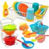 Pots and Pans Playset, Play Dishes Drying Rack, Shopping Basket & Toy Food