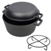 Pre-seasoned cast iron Dutch oven, double handles, outdoor camping deep pot, for camping fireplace cooking, grilling, BBQ, campfire, 5 quart capacity (Black + Iron 2 in 1+1pc Iron Pot Rack)