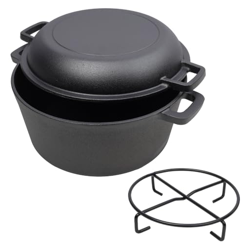 Pre-seasoned cast iron Dutch oven, double handles, outdoor camping deep pot, for camping fireplace cooking, grilling, BBQ, campfire, 5 quart capacity (Black + Iron 2 in 1+1pc Iron Pot Rack)