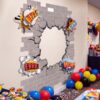 Preboun 5 Pcs Hero Party Decorations 4.9 ft Brick Backdrop 4 Pcs 3D Multilayer Hero Action Sign Cutouts Comic Birthday Party Backdrop for Classroom Birthday Office Door Cover Photo Prop Decor (Grey)