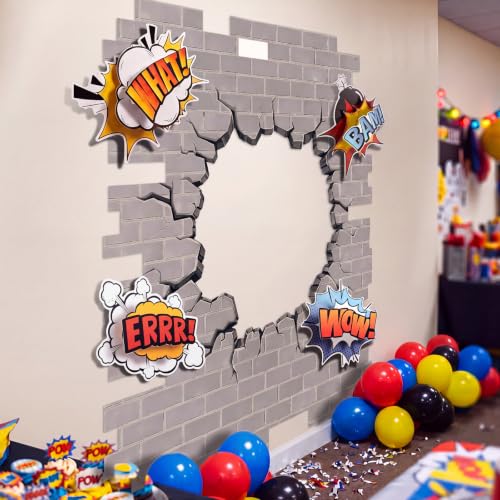 Preboun 5 Pcs Hero Party Decorations 4.9 ft Brick Backdrop 4 Pcs 3D Multilayer Hero Action Sign Cutouts Comic Birthday Party Backdrop for Classroom Birthday Office Door Cover Photo Prop Decor (Grey)