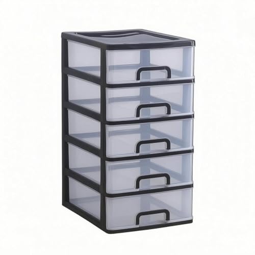 predolo Desktop Drawer Organizer Stacked Design Office Supply Drawer Organizer Rectangular Shape Workspace Storage for Home Desk, 5-Layer Black Frame With White Transparent Drawers