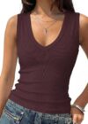 Prettywear Deep V Neck Tank Tops for Women Ribbed Sleeveless Summer Top