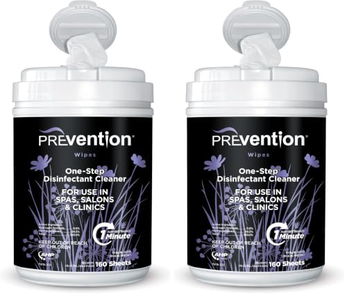 Prevention All Purpose Disinfectant Wipes – Canister of Cleaning Wipes for Salons, Spas, Wellness Centers and Yoga Studios – Hospital Grade Surface Sanitizing – 160 Count (Pack of 2)