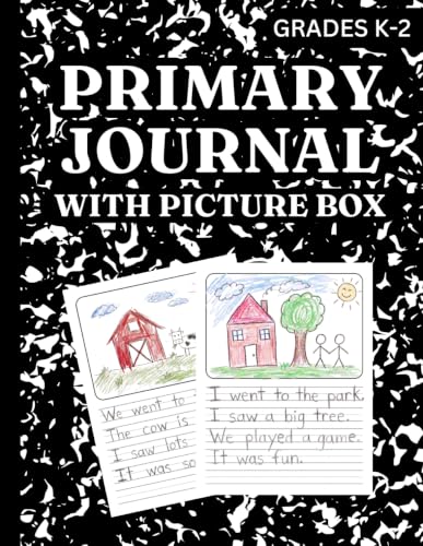 Primary Journal With Picture Box: Black Marble Draw and Write Composition Book for Boys & Girls Grades K-2, Half Page Dotted Midline Ruled Pages for Creative Story Writing with Top Drawing Space