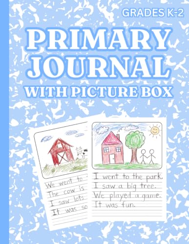Primary Journal With Picture Box: Blue Marble Draw and Write Composition Book for Boys & Girls Grades K-2, Half Page Dotted Midline Ruled Pages for Creative Story Writing with Top Drawing Space