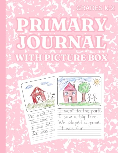 Primary Journal With Picture Box: Cute Pink Marble Draw and Write Composition Book for Girls Grades K-2, Half Page Dotted Midline Ruled Pages for Creative Story Writing with Top Drawing Space