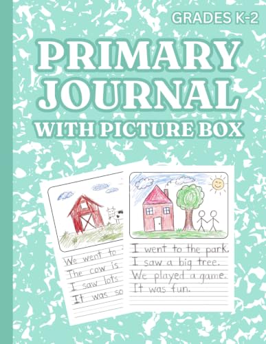 Primary Journal With Picture Box: Green Marble Draw and Write Composition Book for Boys & Girls Grades K-2, Half Page Dotted Midline Ruled Pages for Creative Story Writing with Top Drawing Space