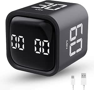 Productivity Timer Flip Gravity Sensor Cube Timer Countdown & Countup,Mute & Vibrate & Sound,5/10/30/60min & Custom Timing, Perfect for ADHD,Work,Learning,Kitchen Cooking (1Black)