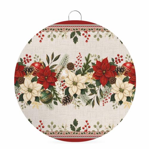 Promumeleft Welcome Sign for Front Door, Red Poinsettia Christmas 6 Inch Round Metal Sign for Home Decoration, Xmas Botanical Red Border Rustic Decorative Wall Signs for Holiday Party Supplies Decor