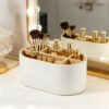 PU Leather Desk Organizer Caddy, 5 Compartment Remote Control Holder & Desktop Storage Box for Pens, Makeup Brushes, Eyeglasses, Office Accessories - Cream White Outer with Wood Grain Lining