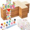PullCrease 37 Pcs Christian Crafts for Kids DIY Wooden Cross Crafts Kit Religious Sunday School Vacation Bible School Easter Supplies 24 Pack Wooden Cross 12 Stickers 1 Set Paint(Classic Style)