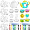 PullCrease 90 Pcs Spring Paint Your Own Tea Set Craft DIY Mini Tea Kit for Kids Ages 8+ Adorable Ceramic Tea Cups to Paint Including Porcelain Dishes Paint Brush for Party Girls Boys Set
