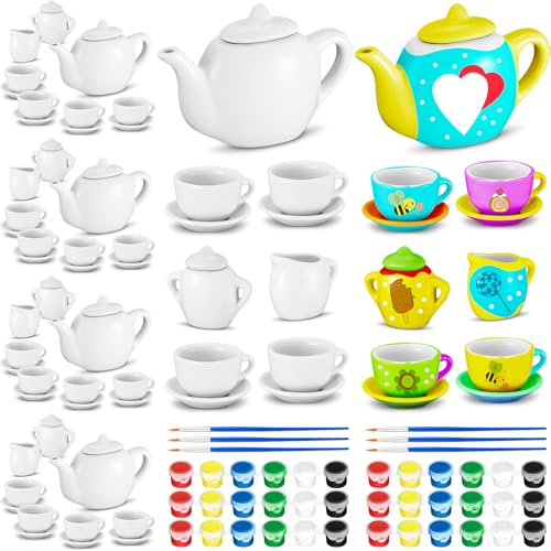 PullCrease 90 Pcs Spring Paint Your Own Tea Set Craft DIY Mini Tea Kit for Kids Ages 8+ Adorable Ceramic Tea Cups to Paint Including Porcelain Dishes Paint Brush for Party Girls Boys Set
