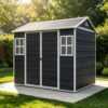 PVWIIK 8x6 ft Resin Outdoor Storage Shed with Floor & Window, Lockable Waterproof All-Weather Utility Shed for Garden Tools & Trash Bins, Black