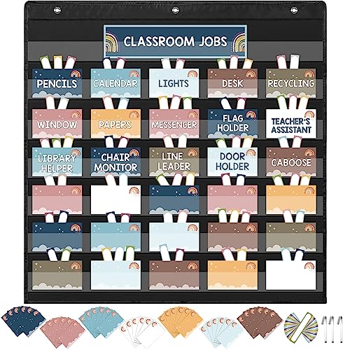 Qeeenar Classroom Jobs Pocket Chart Boho Class Management Educational Schedule Classroom Pocket Holder Daily Schedule Chart for Back to School Library Teacher Must Have Supplies (Boho)