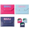 QIANGZMAX 3 Pack Leather Mahjong Card Holder - Protective Pouch for Cards and Accessories, Durable PU Leather Clutch with Magnetic Closure - Deep Blue, Rose Red, Light Blue