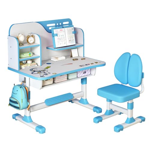Qiuikloi Adjustable Kids Study Desk and Chair Set, 80cm Widened Desktop Children Study Table with Sitting Corrector, Dual Drawer, Dual Back Support & Backpack Hook for Kids 3-18 Years Old