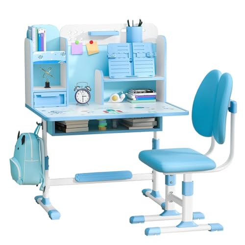 Qiuikloi Adjustable Kids Study Desk and Chair Set, Widened Desktop Children Study Table with Sitting Corrector, Sliding Drawer, Dual Back Support & Backpack Hook, Ergonomic Learning Desk Set
