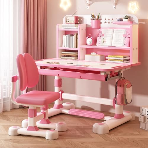 Qiuikloi Adjustable Kids Study Desk and Chair Set, Widened Desktop Children Study Table with Dual Drawer, Sitting Posture Corrector, Dual Back Support & Backpack Hook for 3-18 Years Old