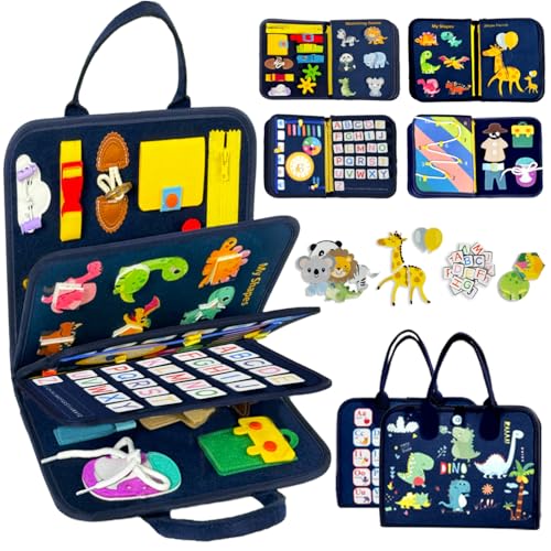 Qizfun Toddler Busy Board Montessori Toys – Sensory Busy Book, Educational Learning Travel Toy for Airplane & Car, Keeps Toddlers Entertained, Birthday Gifts for Toddler Boys Girls (Blue/P8)