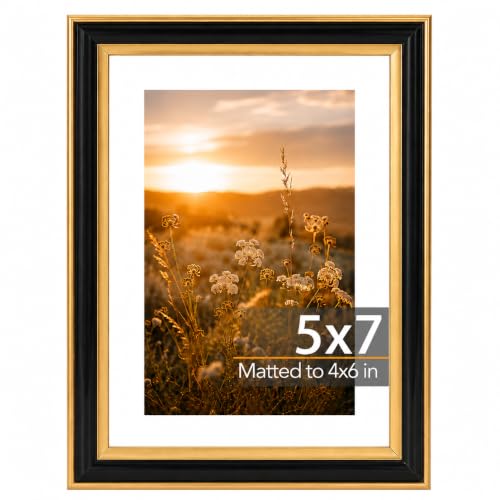 QOTIB 5x7 Picture Frame with 4x6 Mat, Black with Gold Trim Photo Frame, Display 4x6 with Mat or 5x7 without Mat, Shatter-Resistant Plexiglass Front, Tabletop or Wall Display, 1 Pack