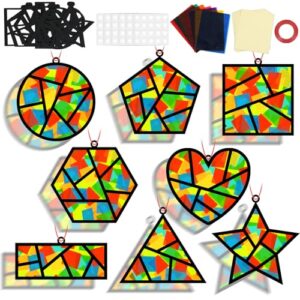 QOUBAI 32 Sets Back to School Geometric Recognition Suncatchers Craft DIY Window Stained Glass Effect Star Paper Crafts Home School Classroom Decor Kid Birthday Gift Creative Art Project Activity Game