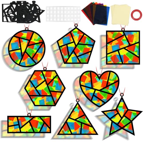 QOUBAI 32 Sets Back to School Geometric Recognition Suncatchers Craft DIY Window Stained Glass Effect Star Paper Crafts Home School Classroom Decor Kid Birthday Gift Creative Art Project Activity Game