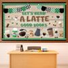 QOUBAI Coffee Bulletin Board Set Coffee Cup Classroom Decoration Latte Paper Cutouts Green Coffeehouse Crafts Teacher's Helper Charts for Back to School Nursery Chalkboard Reading Decor Wall Door