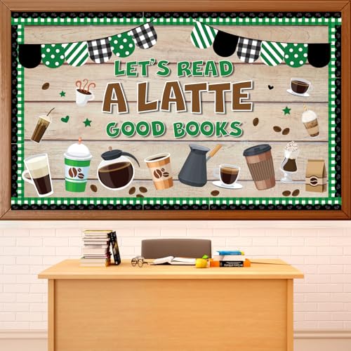 QOUBAI Coffee Bulletin Board Set Coffee Cup Classroom Decoration Latte Paper Cutouts Green Coffeehouse Crafts Teacher's Helper Charts for Back to School Nursery Chalkboard Reading Decor Wall Door