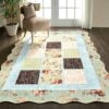 Quilted Floral Scalloped Rug 4x6 Washable, Thin Country Tribal Vintage Patchwork Rose Retro Bedroom Dorm Carpet, Cute Boho Shabby Chic Area Rugs for Dining Living Room Kitchen Entryway Nursery